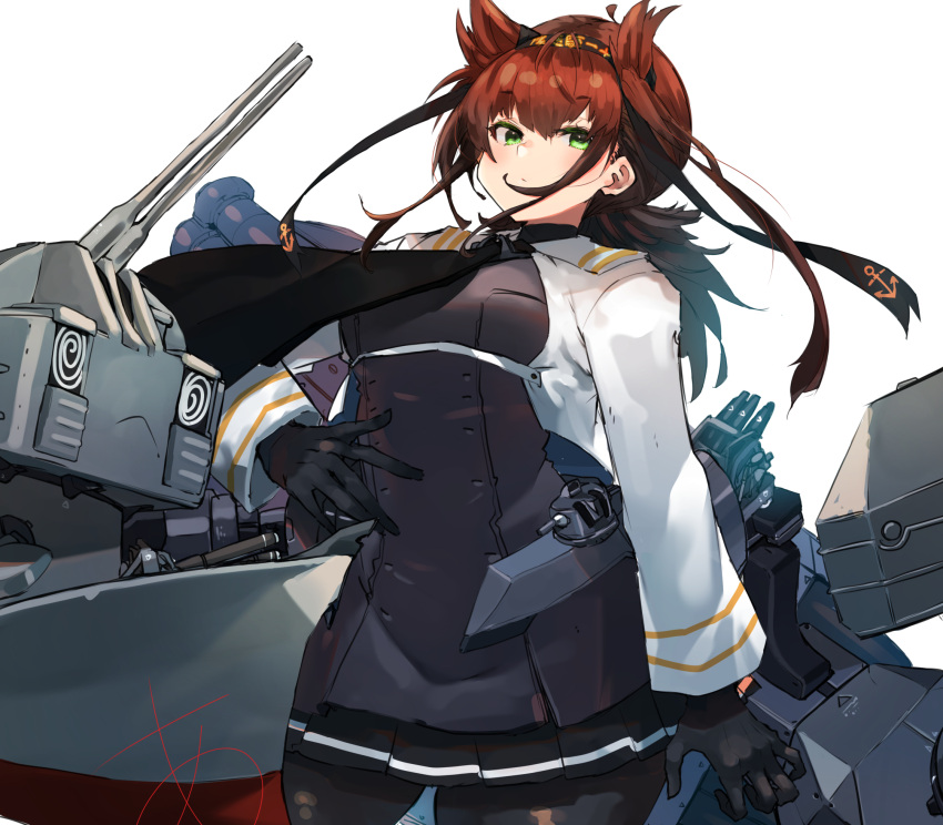 1girl, adapted_turret, anchor_symbol, anti-aircraft_gun, black_bodysuit, black_headband, black_scarf, black_skirt