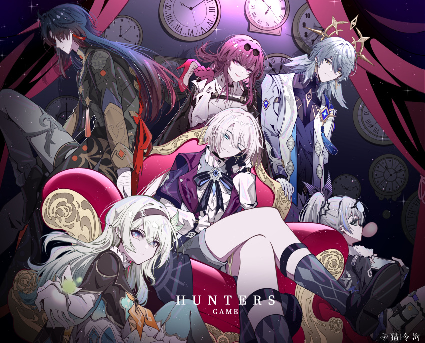 3boys, 3girls, absurdres, black_footwear, black_hair, black_hairband, blade_(honkai:_star_rail), breasts
