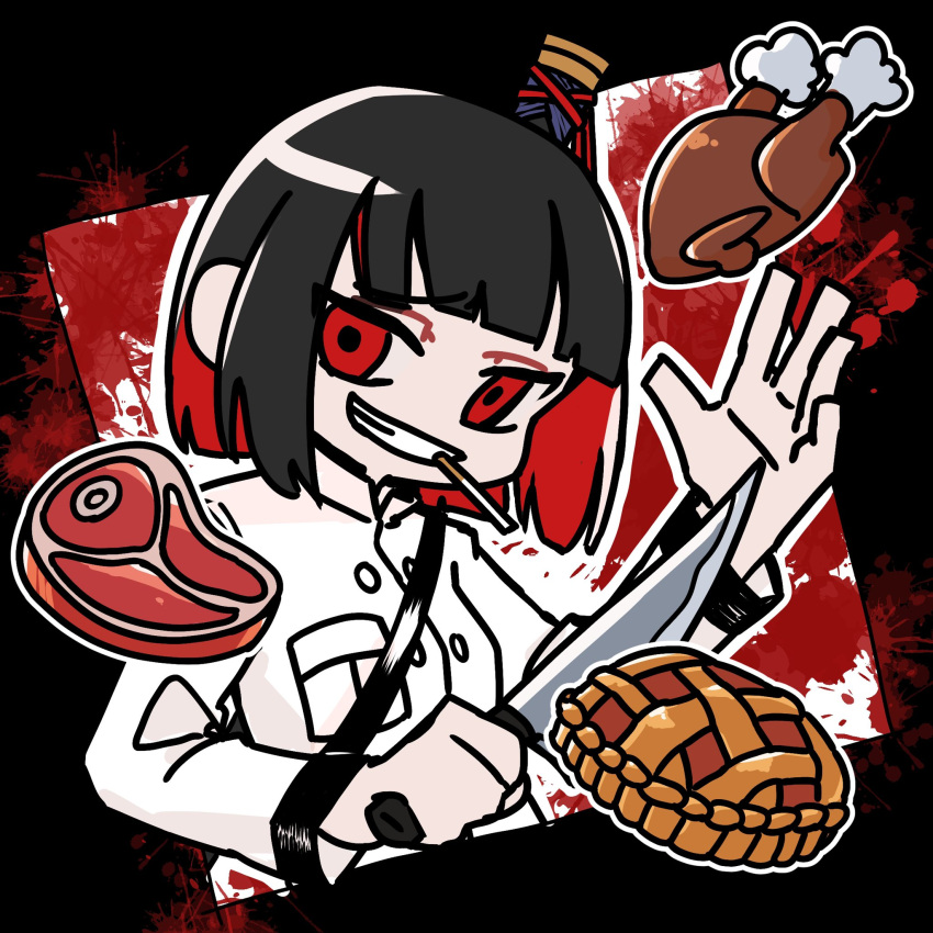 1girl, black_hair, colored_inner_hair, food, grin, hand_up, highres, holding