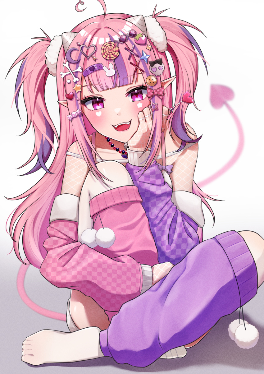 1girl, absurdres, ahoge, bare_shoulders, blush, demon_girl, demon_horns, demon_tail, detached_sleeves, hair_ornament, hairpin, heart, heart_ahoge, heterochromia, highres, horns, ironmouse, jewelry, konatsu_miki, leg_up, leg_warmers, long_hair, looking_at_viewer, multicolored_hair, multiple_hairpins, pink_hair, pink_leg_warmers, pink_sleeves, pointy_ears, purple_hair, purple_leg_warmers, purple_sleeves, red_eyes, ring, smile, solo, streaked_hair, tail, twintails, violet_eyes, virtual_youtuber, vshojo
