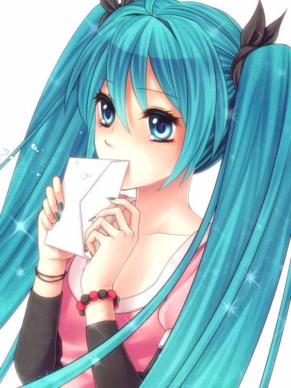 aqua_eyes, aqua_hair, bracelet, envelope, hair_ribbon, hatsune_miku, jewelry, long_hair