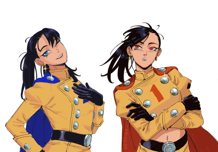 2girls, blue_cape, blue_eyes, blush, cape, dragon_ball, dragon_ball_super, dragon_ball_super_super_hero
