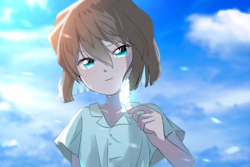 1girl, blue_eyes, bob_cut, closed_mouth, clouds, cloudy_sky, commentary_request, dress