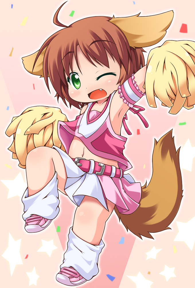 ahoge, animal_ears, arm_garter, armpits, bad_id, belt, brown_hair, cheerleader, chibi, dog_ears, dog_tail, fang, footwear, green_eyes, kuroneko_liger, loose_socks, meiko_(inuarashi), navel, original, pom_poms, short_hair, skirt, socks, solo, tail, wink