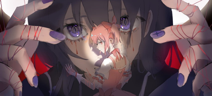 2girls, akemi_homura, back_cutout, black_capelet, black_hair, blood, blood_from_eyes, bow