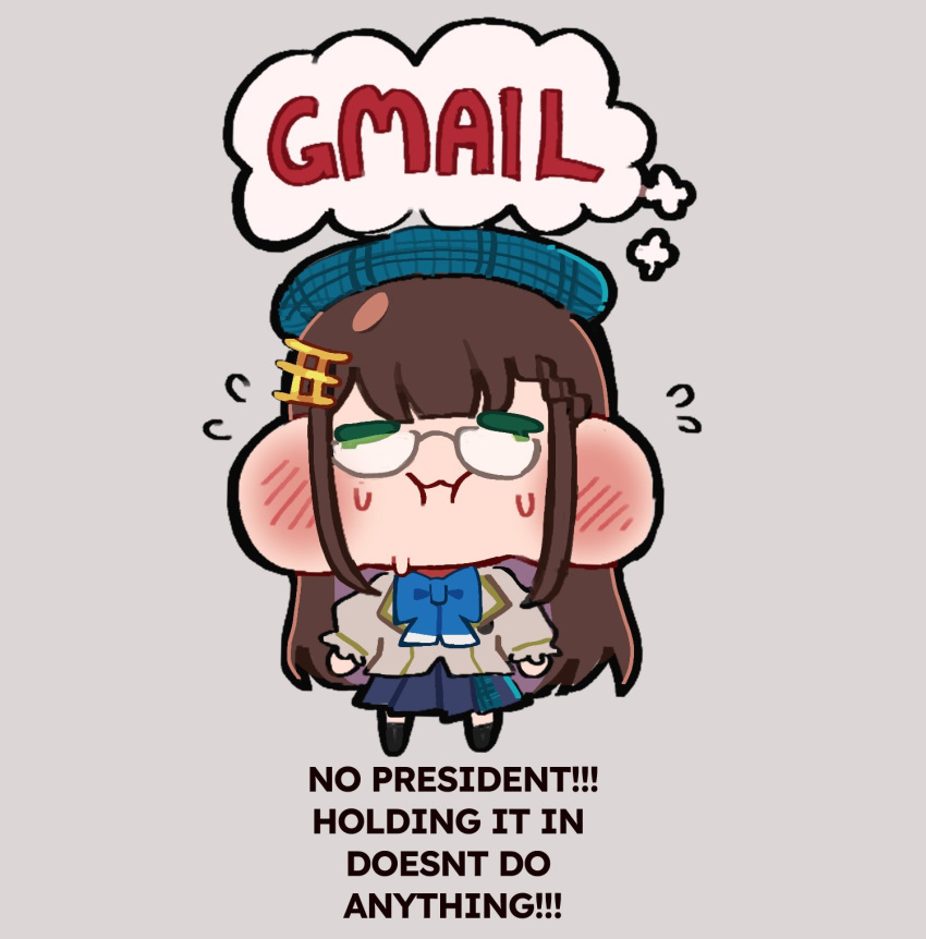 1girl, beret, black_thighhighs, blazer, blue_bow, blue_bowtie, blue_hat, blue_skirt, blush, bow, bowtie, braid, brown_hair, chibi, colored_inner_hair, commentary, english_commentary, english_text, full_body, glasses, gmail, green_eyes, grey-framed_eyewear, grey_background, hair_ornament, hat, highres, jacket, long_hair, manon_merope, multicolored_hair, nexas_(vtuber), plaid_clothes, plaid_headwear, pleated_skirt, puffy_cheeks, purple_hair, sidelocks, skirt, solo, standing, sweat, thigh-highs, thought_bubble, very_long_hair, virtual_youtuber, yumeyuk0