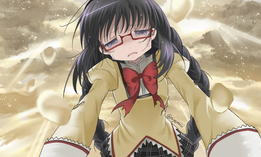 1girl, akemi_homura, black_hair, black_hairband, black_skirt, bow, bowtie, braid, chinese_commentary, clouds, cloudy_sky, collared_shirt, commentary_request, cowboy_shot, crying, crying_with_eyes_open, day, dot_nose, from_below, frown, furrowed_brow, glasses, hairband, high_collar, highres, juliet_sleeves, lace-trimmed_shirt, lace-trimmed_sleeves, lace_trim, long_hair, long_sleeves, low_twin_braids, mahou_shoujo_madoka_magica, mahou_shoujo_madoka_magica_(anime), miniskirt, mitakihara_school_uniform, niyemiiii, open_mouth, outdoors, plaid_clothes, plaid_skirt, pleated_skirt, puffy_sleeves, rain, red-framed_eyewear, red_bow, red_bowtie, sad, school_uniform, shirt, skirt, sky, solo, sunlight, teardrop, tears, torn_bowtie, torn_clothes, torn_shirt, torn_sleeves, twin_braids, twitter_username, very_long_hair, violet_eyes, water_drop, wavy_mouth, wet, yellow_shirt