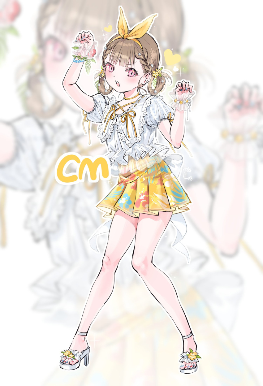 1girl, 4ding, :d, blue_nails, bow_hairband, braid, brown_hair, center-flap_bangs