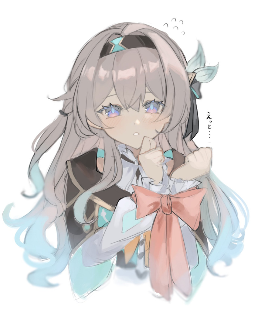 1girl, aroha252538, black_hairband, black_jacket, blue_pupils, bound, bound_arms, bow
