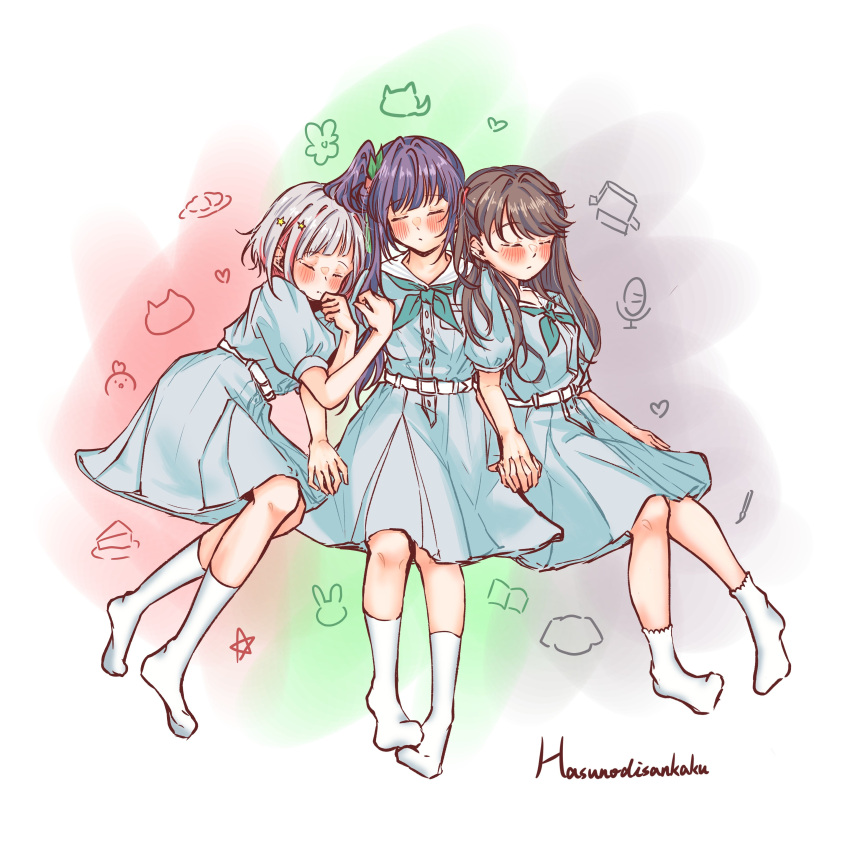 3girls, absurdres, aqua_neckerchief, blue_dress, blush, bob_cut, border, breast_pocket