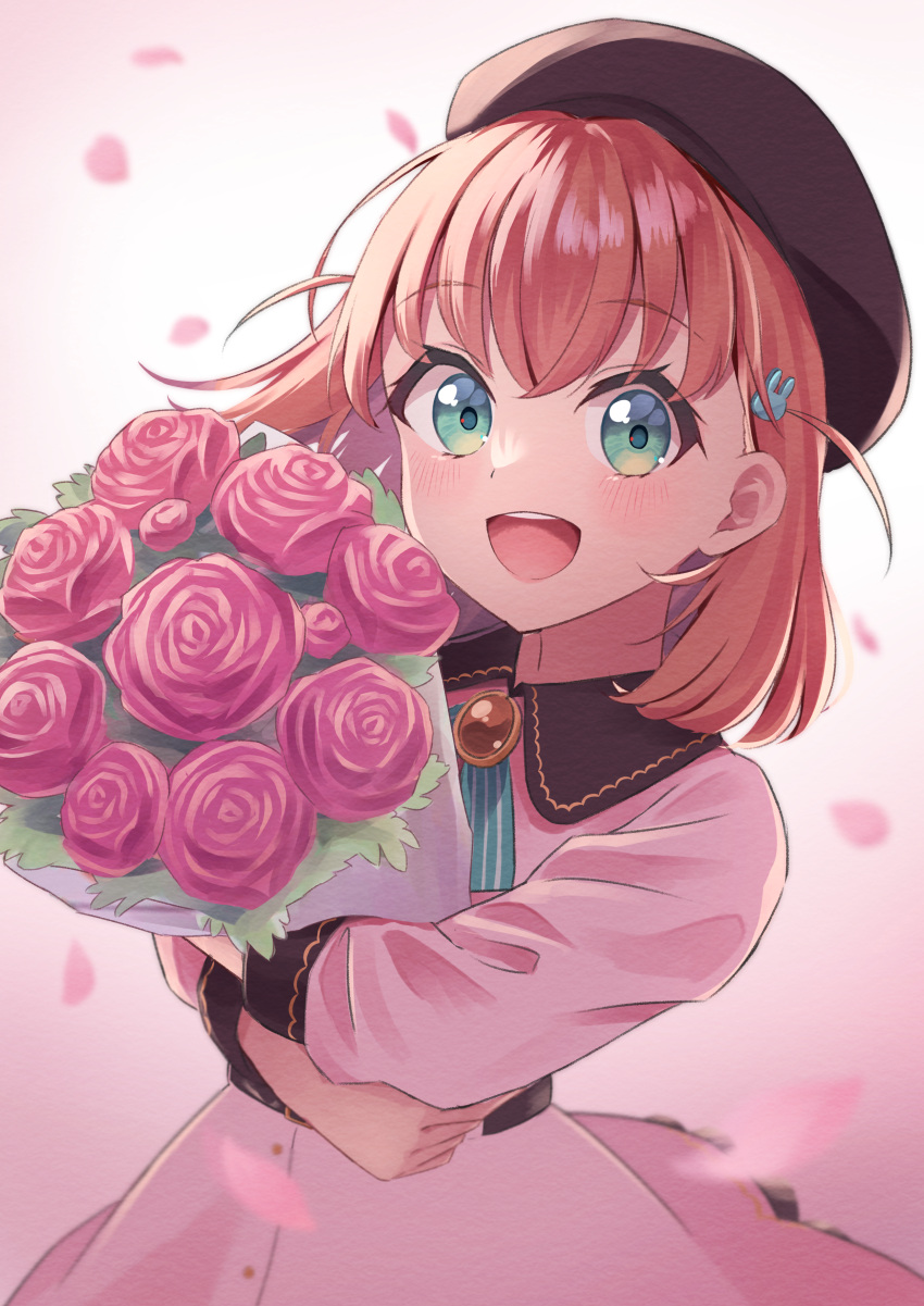 1girl, :d, absurdres, aqua_eyes, beret, blush, bouquet, brown_hat