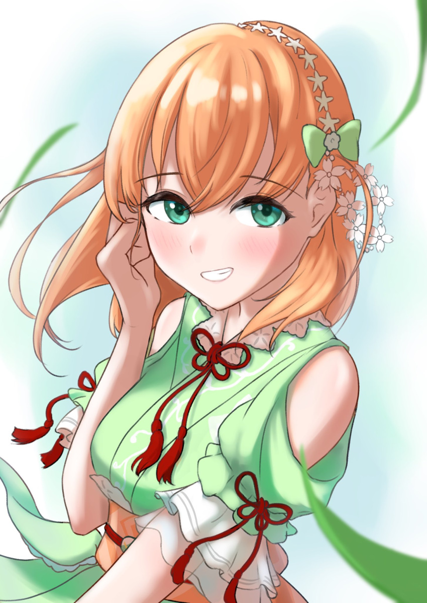 1girl, :d, aoku_haruka, blue_background, blush, bow, breasts, clothing_cutout