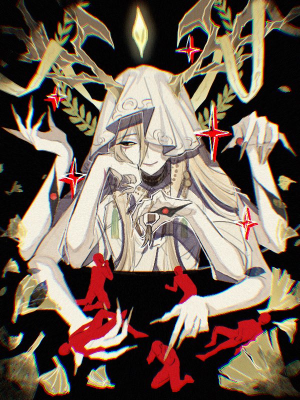 1other, aiga_ippai, beads, black_background, blonde_hair, extra_arms, faceless, fingernails, gem, hand_eye, honkai:_star_rail, honkai_(series), jewelry, necklace, sharp_fingernails, tree_horns, upper_body, veil_over_one_eye, yaoshi_(honkai:_star_rail), yellow_eyes