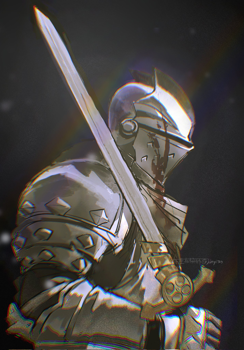 1boy, armor, armored_gloves, black_background, blood, blood_on_armor, bracer, breastplate