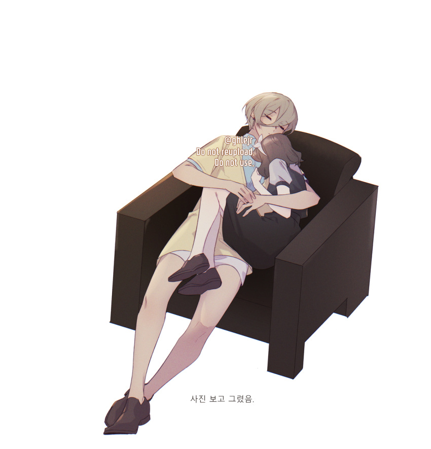 2girls, armchair, black_dress, blue_shirt, brown_footwear, brown_hair, cardigan, chair