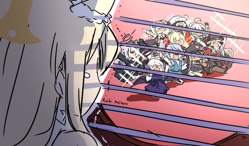 6+girls, ako_(blue_archive), ako_(dress)_(blue_archive), animal_ears, arms_up, baseball_cap, black_coat, black_dress