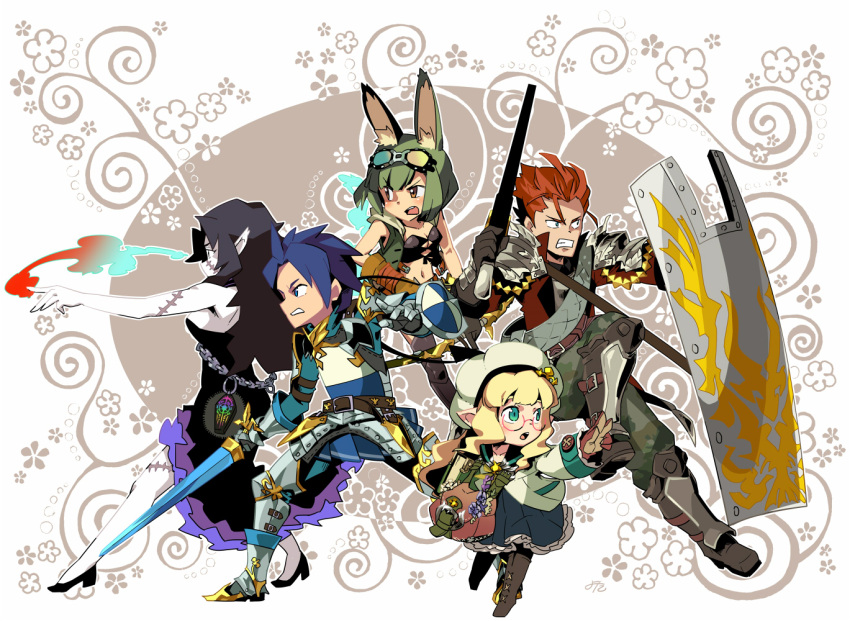 2boys, 3girls, animal_ears, armor, black_dress, black_hair, black_tube_top, blonde_hair