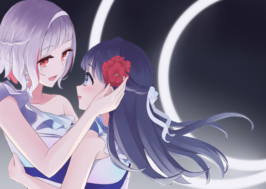 2girls, :d, absurdres, blue_eyes, blue_hair, collarbone, colored_inner_hair, commentary_request