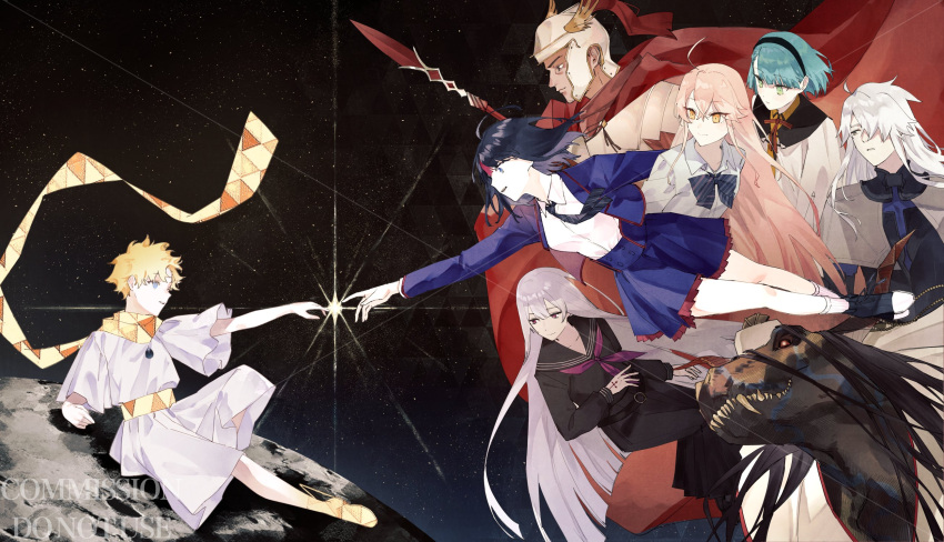 3boys, 5girls, ahoge, armor, black_hair, blonde_hair, blue_eyes, blue_hair