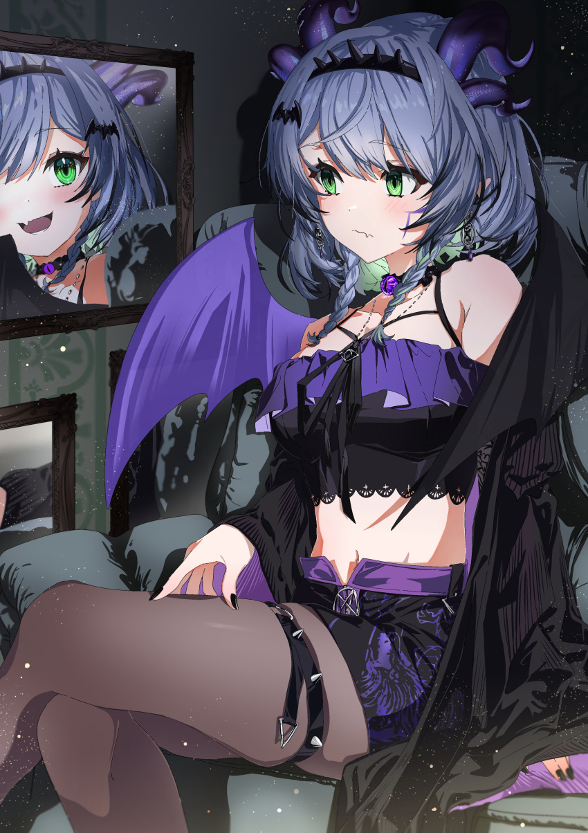 1girl, absurdres, apricot_the_lich, apricot_the_lich_(froot_2.0), bare_shoulders, bat_hair_ornament, black_hairband, black_nails