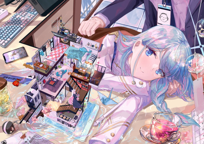 1boy, 3girls, arona_(blue_archive), bedroom, black_coat, blue_archive, blue_eyes, blue_hair