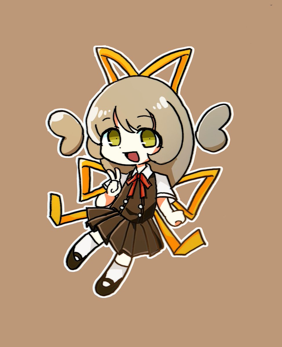:d, bad_id, bad_twitter_id, black_footwear, brown_dress, clenched_hand, dress, grey_hair, lasagna_oichizu, open_mouth, red_ribbon, ribbon, sakusakusalmon2, short_sleeves, simple_background, smile, socks, towelket_wo_mou_ichido, v, white_socks, yellow_eyes, yellow_ribbon