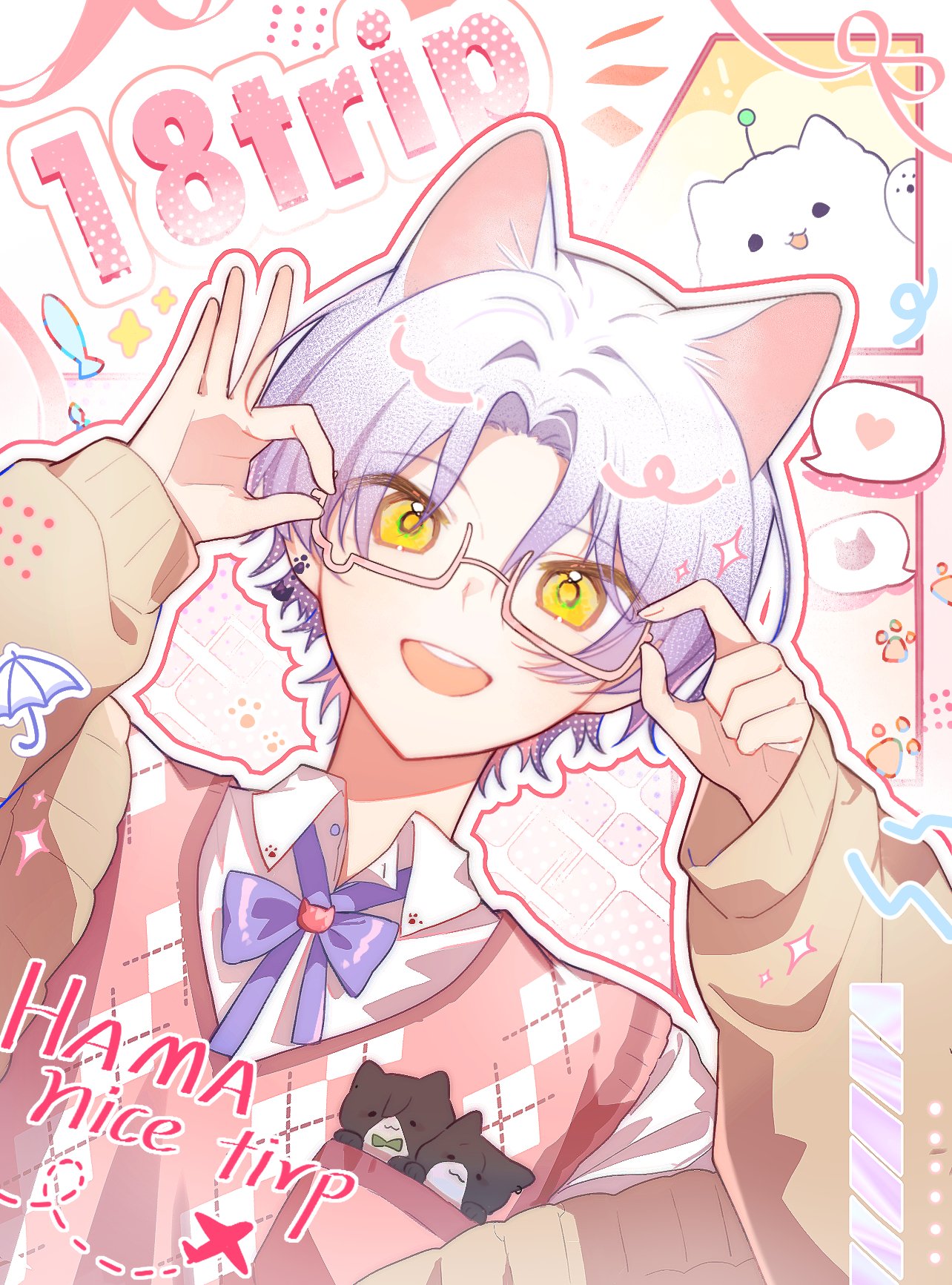 18trip, 1boy, animal_ears, argyle_clothes, collared_shirt, commentary, copyright_name, dutch_angle