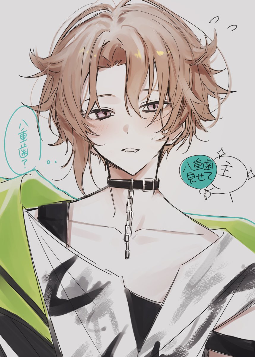 18trip, 1boy, asymmetrical_hair, bare_shoulders, black_choker, black_tank_top, blush, brown_hair