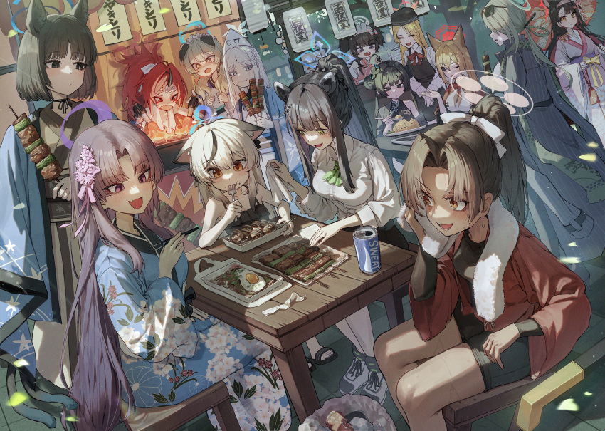 6+girls, absurdres, animal_ears, black_hair, blue_archive, blue_kimono, breasts, chopsticks