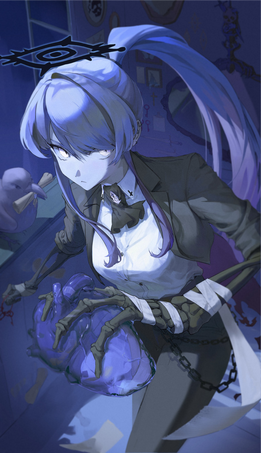 1girl, absurdres, bird, black_halo, black_pants, blue_theme, chain, charlotte_van_halen
