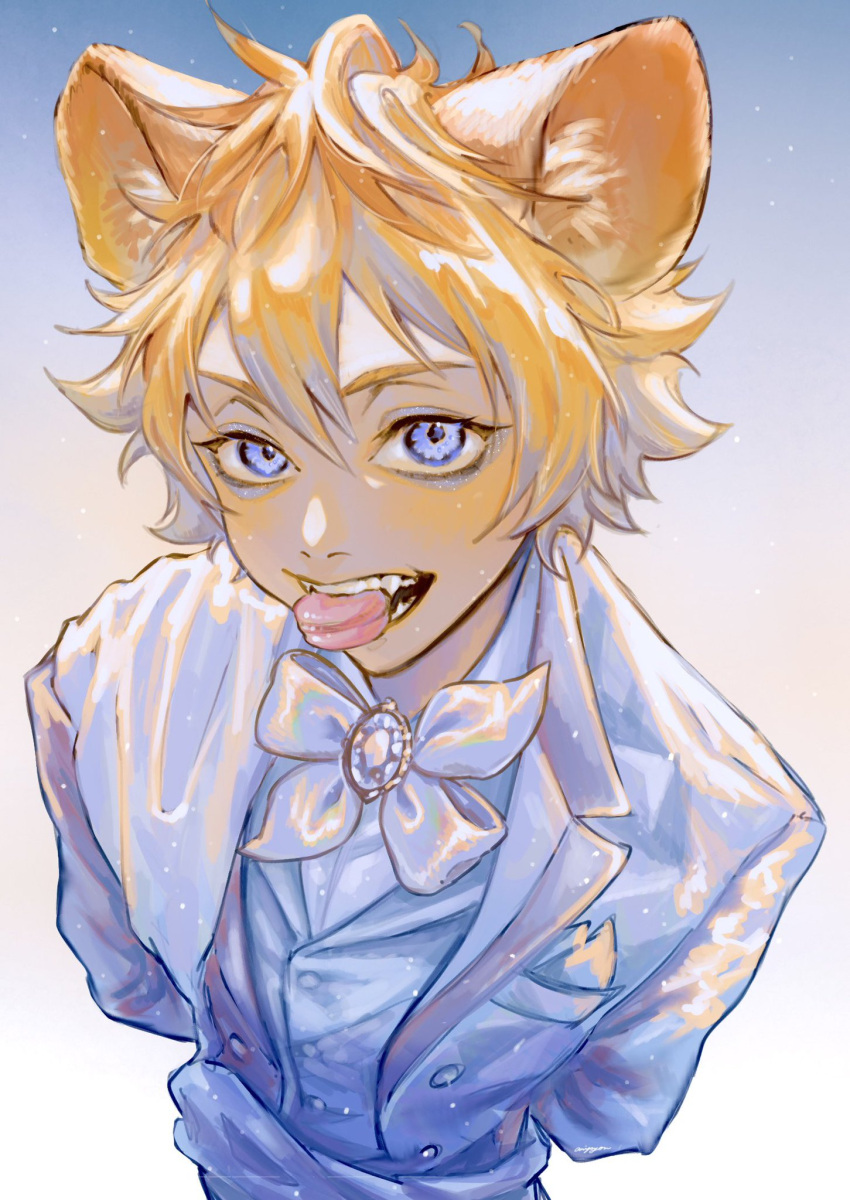 1boy, animal_ears, aripyon, arms_behind_back, blonde_hair, blue_eyes, blush, commentary, dress_shirt, fangs, food, food_in_mouth, gradient_background, hair_between_eyes, highres, jacket, leaning_forward, looking_at_viewer, macaron, male_focus, neck_ribbon, open_mouth, pants, ribbon, ruggie_bucchi, shirt, simple_background, solo, spiky_hair, suit, suit_jacket, teeth, twisted_wonderland, upper_body, white_pants, white_shirt, white_suit