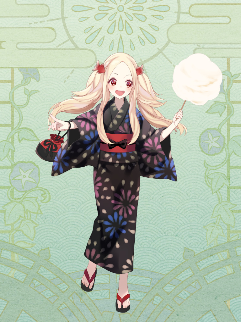 1girl, :d, black_kimono, blonde_hair, cotton_candy, dairoku_ryouhei, fish_hair_ornament, full_body