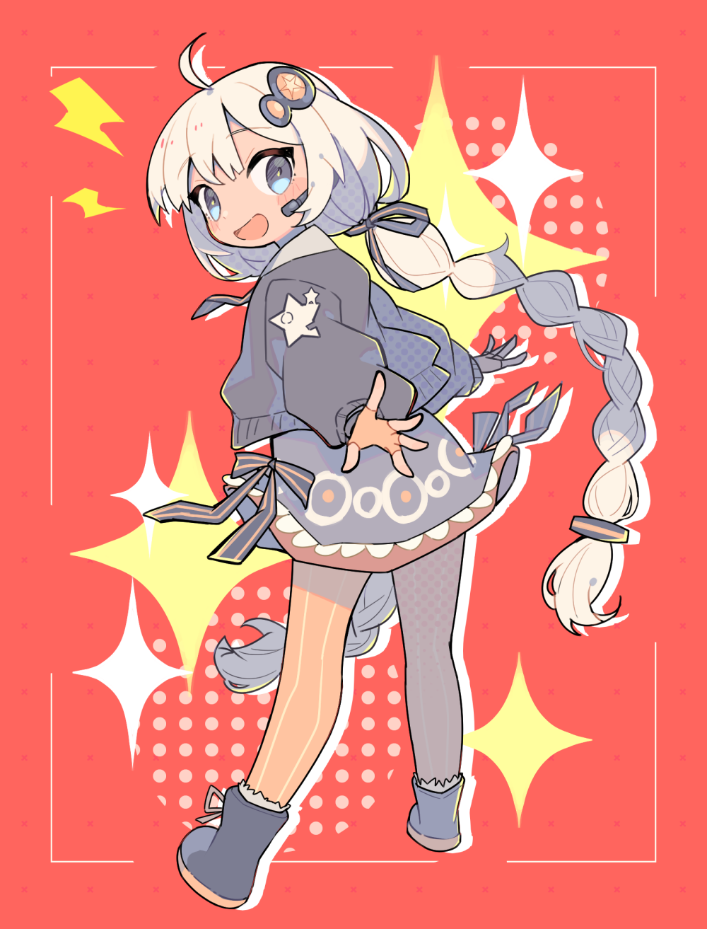 1girl, ahoge, black_footwear, black_jacket, black_ribbon, blue_eyes, boots, border, braid, from_behind, fur-trimmed_boots, fur_trim, grey_ribbon, grey_skirt, hair_ornament, hair_ribbon, headphones, highres, honoca6190, jacket, kizuna_akari, lightning_bolt_symbol, long_hair, long_sleeves, looking_at_viewer, open_mouth, outstretched_arms, puffy_long_sleeves, puffy_sleeves, red_background, ribbon, simple_background, single_braid, skirt, smile, solo, sparkle, spread_arms, twin_braids, twintails, voiceroid, white_border
