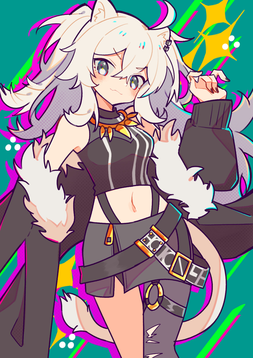 1girl, :3, animal_ears, belt, black_belt, blue_background, breasts, closed_mouth, coat, fur-trimmed_coat, fur_trim, grey_eyes, grey_hair, grey_skirt, grey_thighhighs, hand_up, highres, hololive, honoca6190, jewelry, light_blush, lion_ears, lion_girl, lion_tail, long_hair, looking_at_viewer, medium_breasts, midriff_peek, navel, necklace, open_clothes, open_coat, purple_nails, shishiro_botan, shishiro_botan_(1st_costume), single_thighhigh, skirt, solo, sparkle, tail, thigh-highs, tooth_necklace, twintails, virtual_youtuber, white_hair