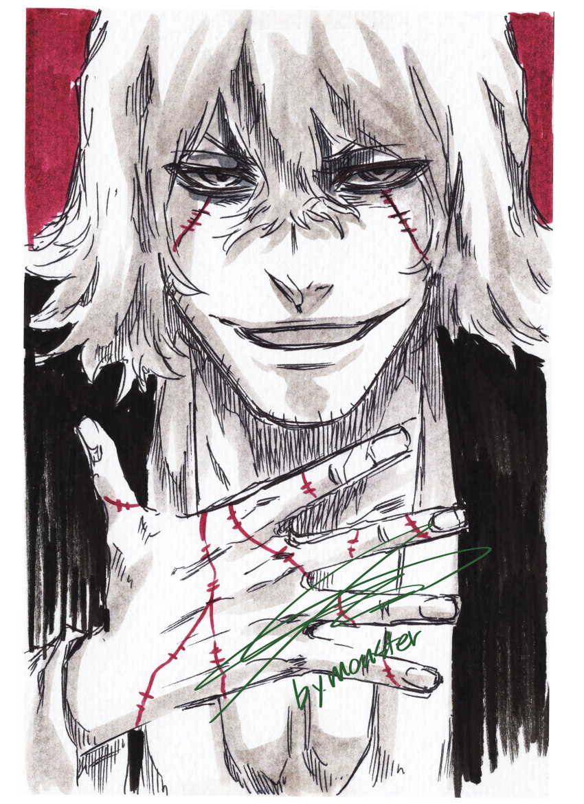 1boy, absurdres, artist_name, beard_stubble, bleach, bleach:_sennen_kessen-hen, close-up, collarbone, facial_hair, hair_between_eyes, hand_up, haori, highres, japanese_clothes, looking_at_viewer, male_focus, portrait, red_background, rlawnsgr7, signature, smirk, solo, spot_color, stitches, stubble, urahara_kisuke