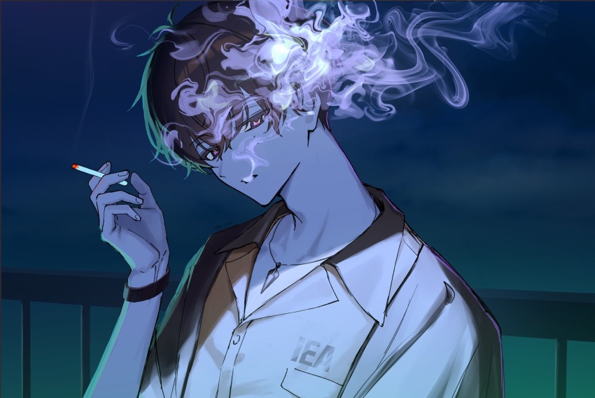 18trip, 1boy, arm_up, black_bracelet, black_hair, black_shirt, bracelet, cigarette