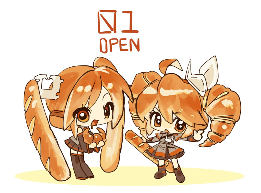 2girls, ahoge, alternate_eye_color, alternate_hair_color, baguette, black_footwear, black_skirt, black_sleeves