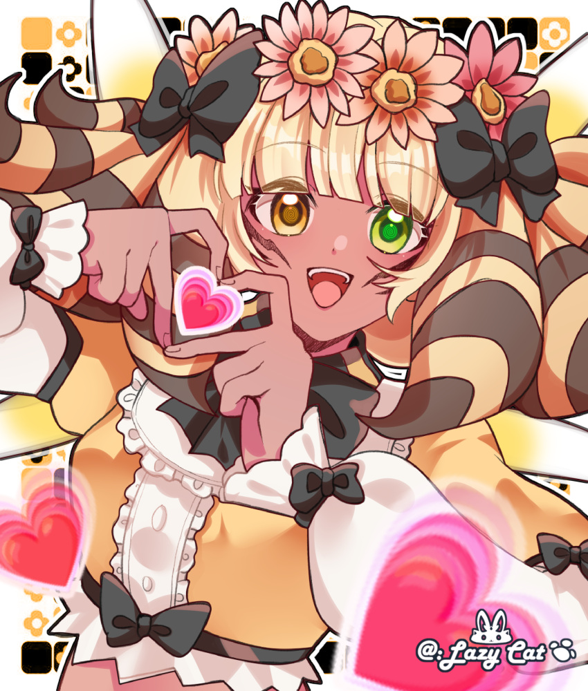 1girl, :d, absurdres, artist_name, black_bow, black_bowtie, blonde_hair, blunt_bangs
