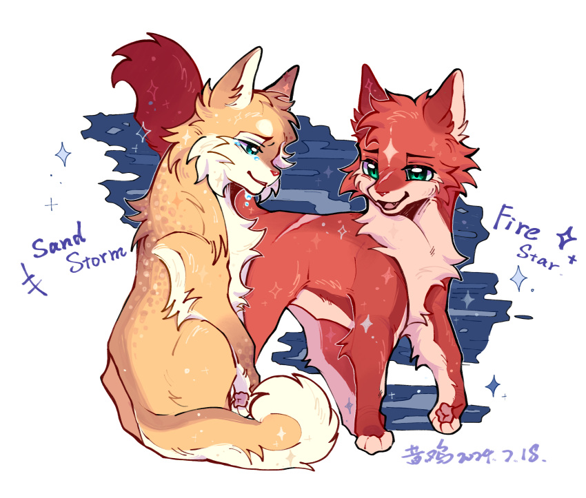 absurdres, animal, animal_focus, animification, cat, character_name, chinese_commentary, commentary_request, couple, crying, dated, firestar_(warrior_cats), full_body, gagaga21621, green_eyes, highres, no_humans, orange_cat, sandstorm_(warrior_cats), signature, sitting, sparkle, standing, tail, warrior_cats, white_background, yellow_cat