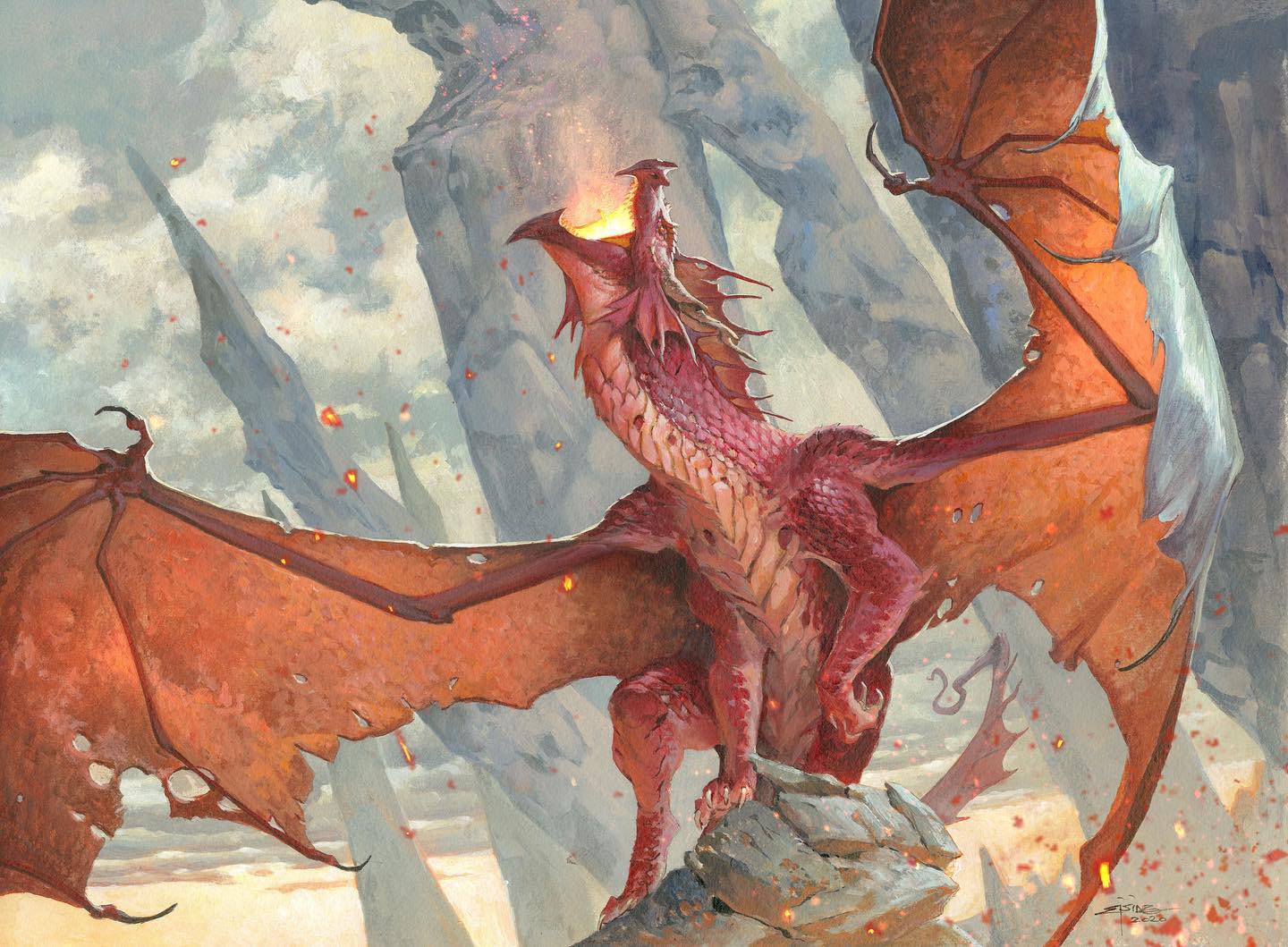 animal_focus, breath_weapon, breathing_fire, claws, clouds, cloudy_sky, day, dragon