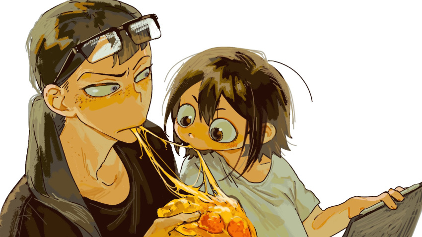 2girls, asakusa_midori, asymmetrical_bangs, black_shirt, brown_eyes, eizouken_ni_wa_te_wo_dasu_na!, eyewear_on_head, food