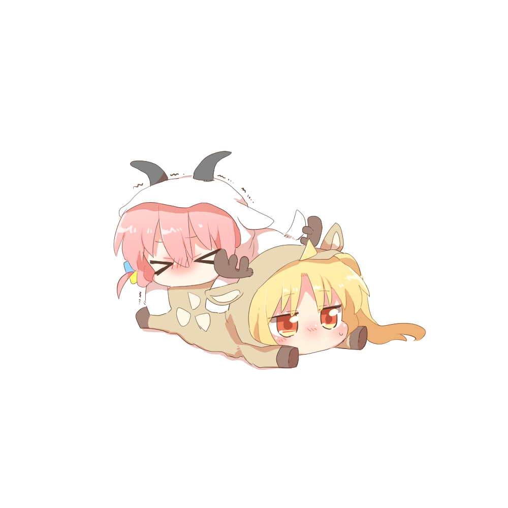 >_<, 2girls, animal_costume, animal_hood, antlers, blonde_hair, blush, bocchi_the_rock!