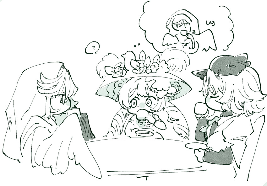 1boy, 2girls, bird_wings, closed_eyes, cup, dress, drinking, druvis_iii