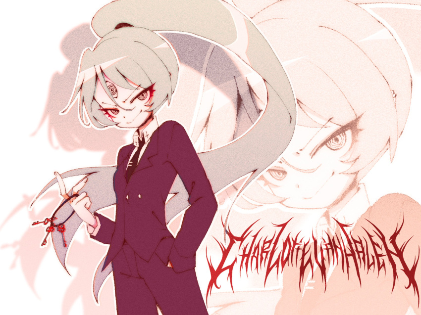 1girl, @_@, black_necktie, blonde_hair, character_name, charlotte_van_halen, collared_shirt, hand_in_pocket