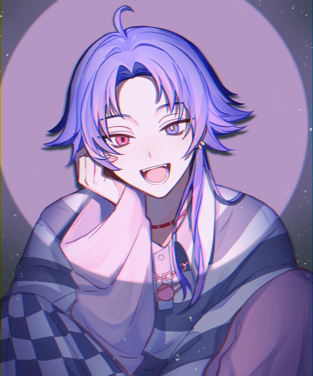 18trip, 1boy, ahoge, asymmetrical_legwear, checkered_clothes, circle, collared_shirt, commentary