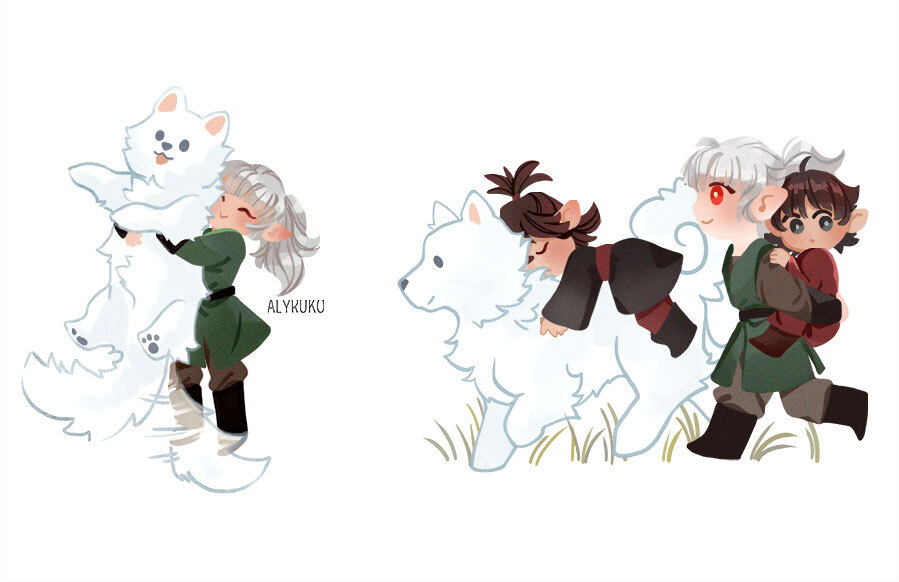 3boys, alyruko, animal, artist_name, black_eyes, black_footwear, black_tunic, bright_pupils