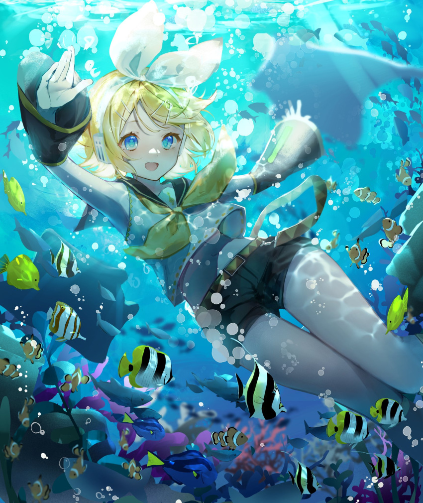 1girl, :d, air_bubble, blonde_hair, blue_eyes, bow, bubble, clownfish, coral, detached_sleeves, feet_out_of_frame, fish, hair_bow, hair_ornament, hairclip, headset, highres, kagamine_rin, manta_ray, midriff, moorish_idol, murumuru_(pixiv51689952), neckerchief, sailor_collar, shirt, short_hair, shorts, smile, solo, treble_clef, underwater, vocaloid, white_bow, white_shirt, yellow_neckerchief