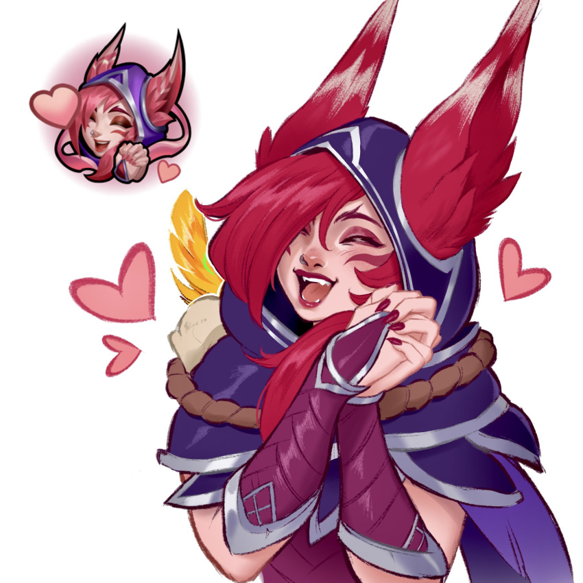 1girl, blush, english_commentary, facial_mark, green_(greeniris), hair_over_one_eye, happy, heart