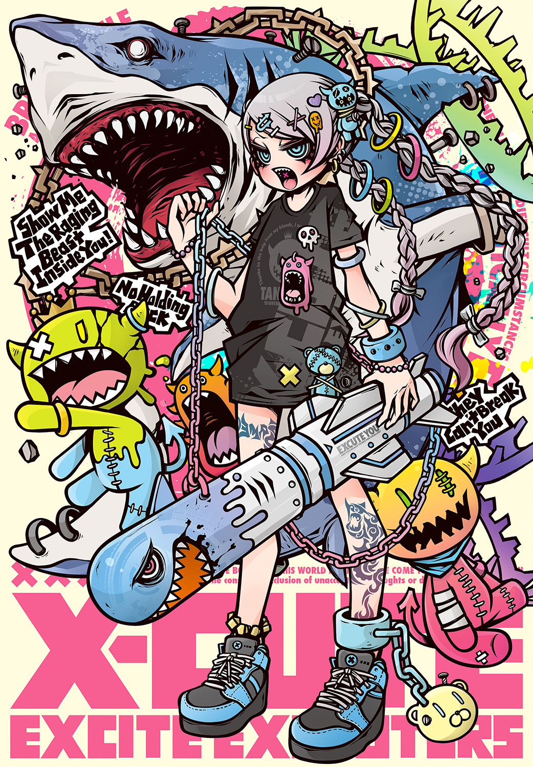1girl, alternate_weapon, belt_chain, bracelet, chain, decora, english_text, engrish_text, frutiger_metro, highres, jewelry, kirby, lock, missile, missile_kirby, monster, original, padlock, profanity, project.c.k., punk, ranguage, shark, sharp_teeth, shouting, skull, tattoo, tatu, teeth, thumb_ring, weapon
