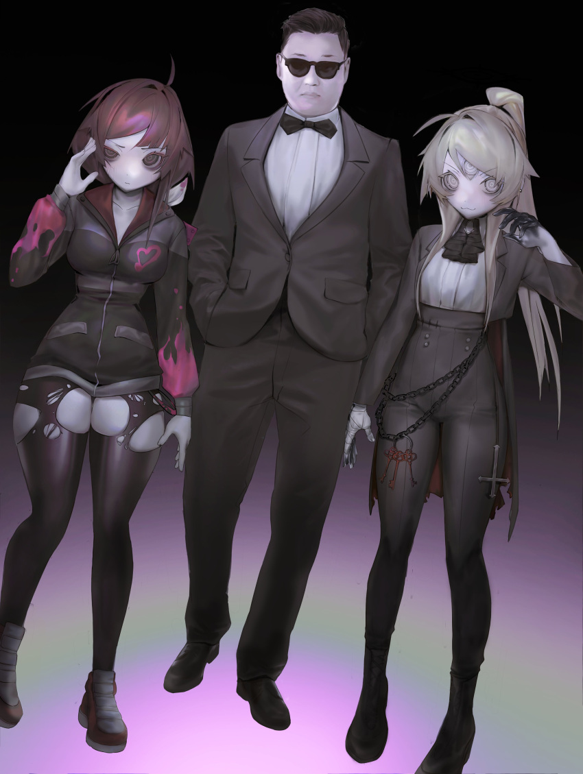 1boy, 2girls, @_@, absurdres, black_bow, black_bowtie, black_hair, blonde_hair